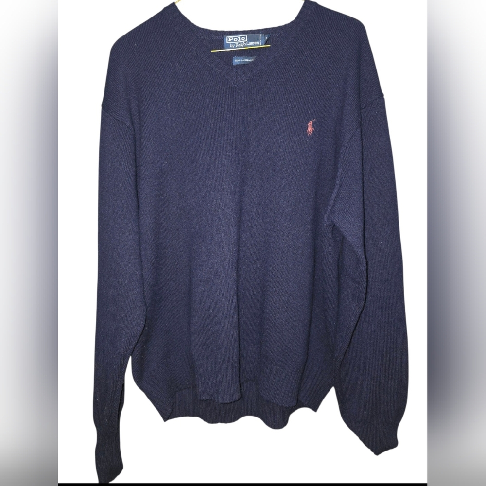 Vintage‎ Polo Ralph Lauren 100% Lambs Wool V Neck Sweater Large Blue Preppy